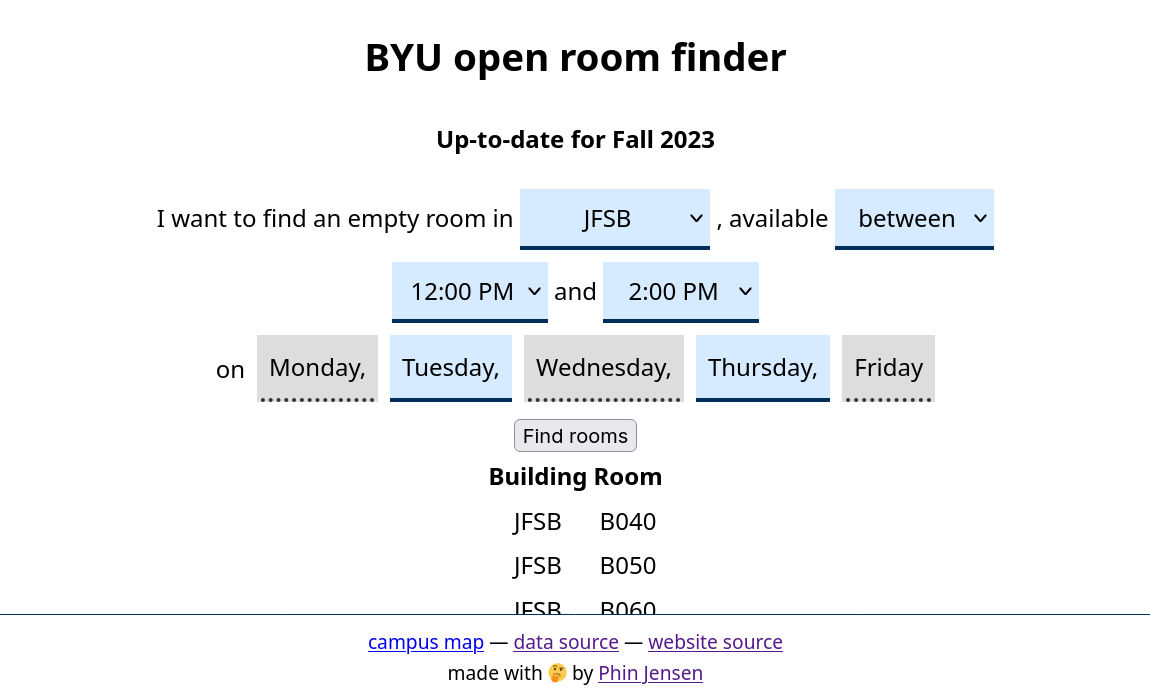 screenshot showing BYU open room finder