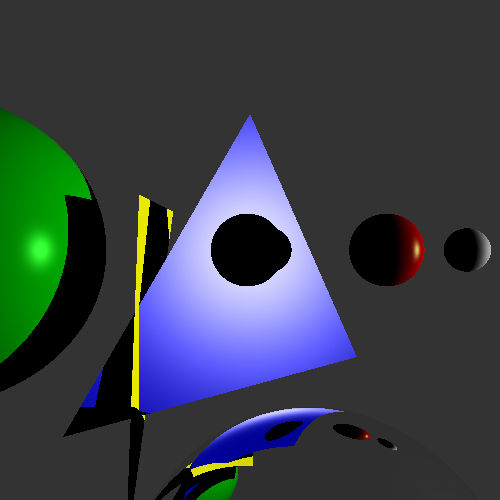 colored balls and triangles with a completely reflective ball at the bottom and harsh light coming from the right